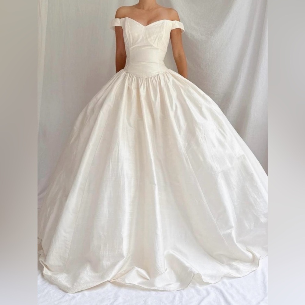 Jessica McClintock Off the Shoulder Raw Silk Wedding Dress